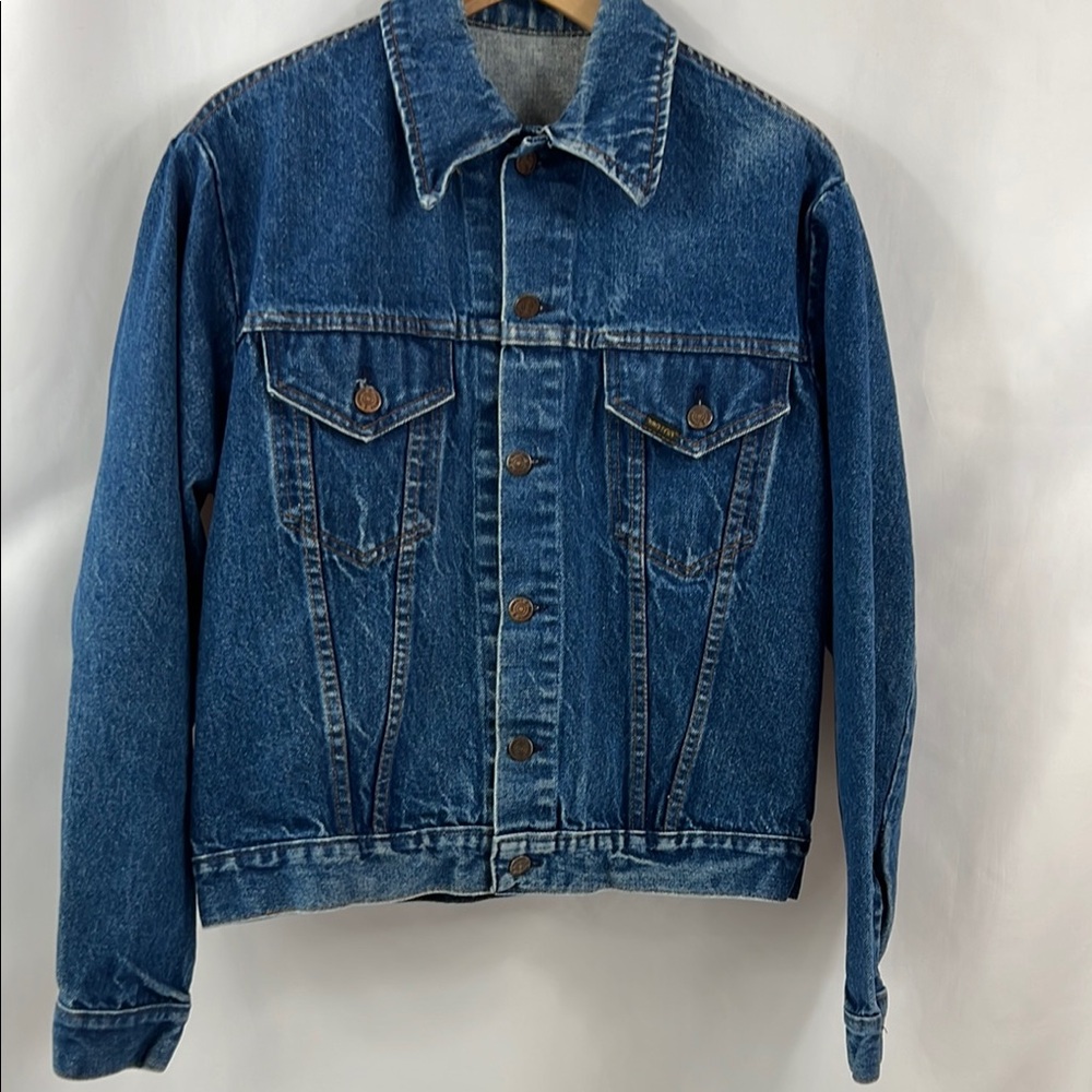 Vintage Roebucks Blue Denim Retro Jean Jacket Trucker Natural Distressing Size L
